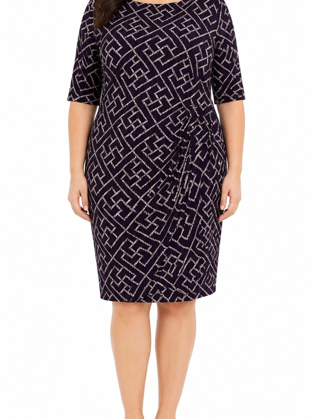 connected apparel Navy and Cream Geometric Midi Sheath Dress